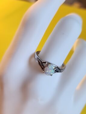Sterling Silver Opal Solitaire Ring in White Opal - Women Jewelry